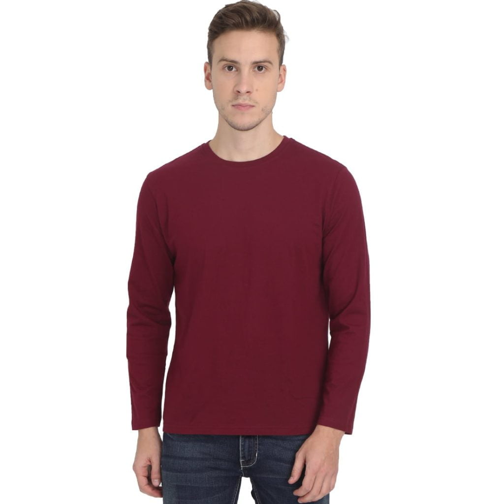 Men's Maroon Full Sleeve Round Neck Plain T-Shirt