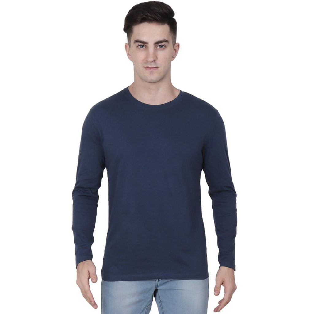 Men's Navy Blue Full Sleeve Round Neck Plain T-Shirt