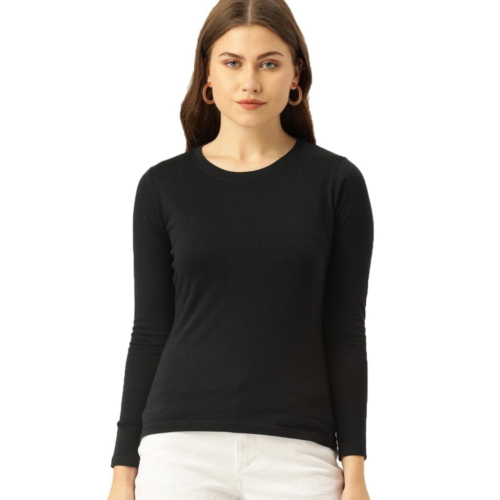 Women's Black Full Sleeve Round Neck Plain T-Shirt