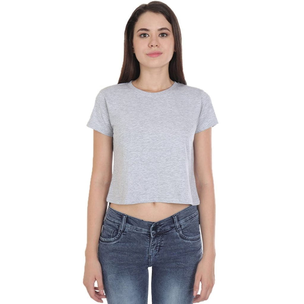 Women's Grey Melange Half Sleeve Plain Croptop