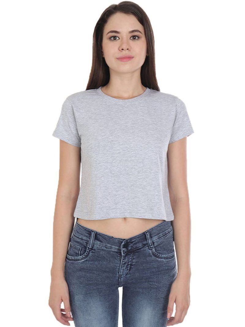 Women's Grey Melange Half Sleeve Plain Crop top