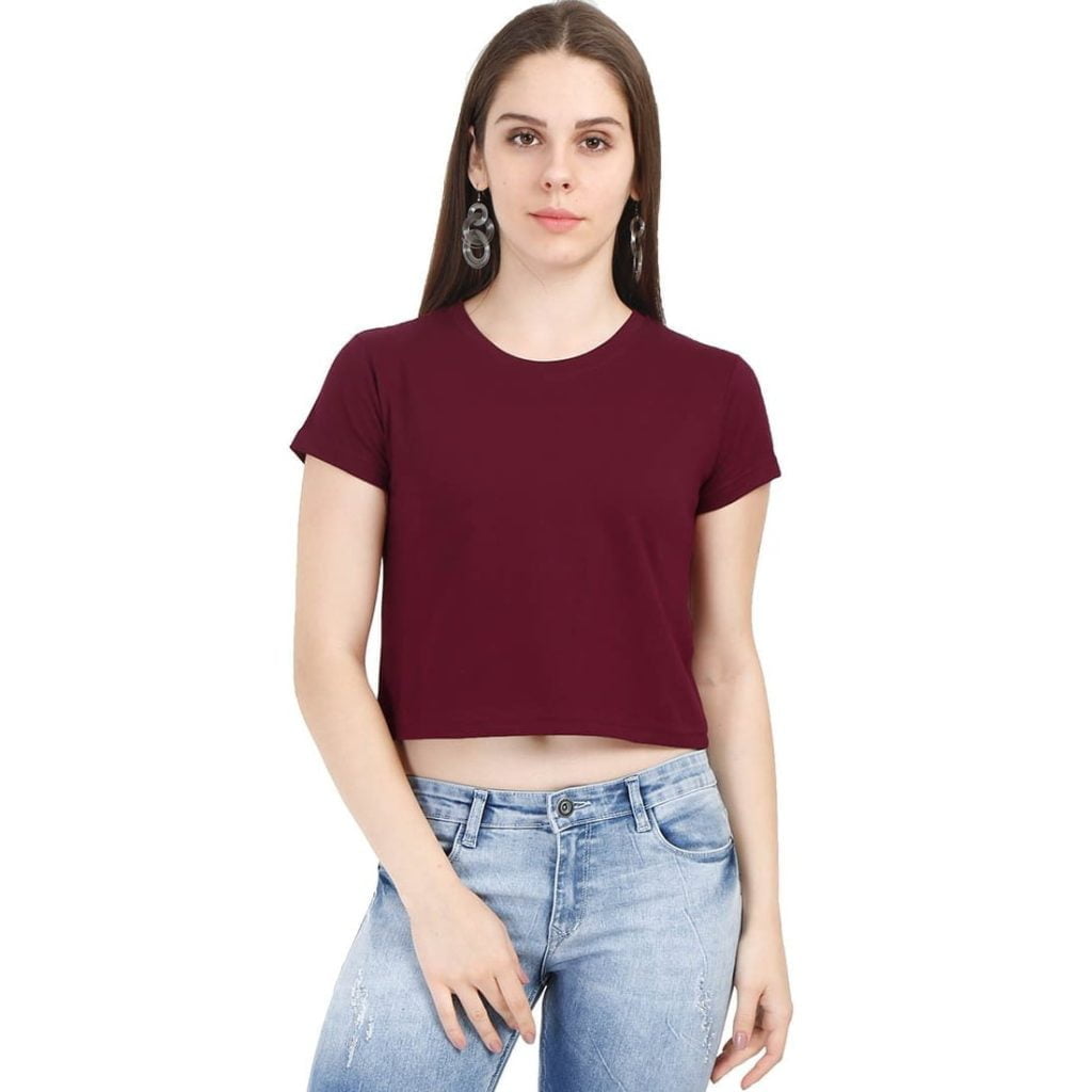 Women's Maroon Half Sleeve Plain Croptop