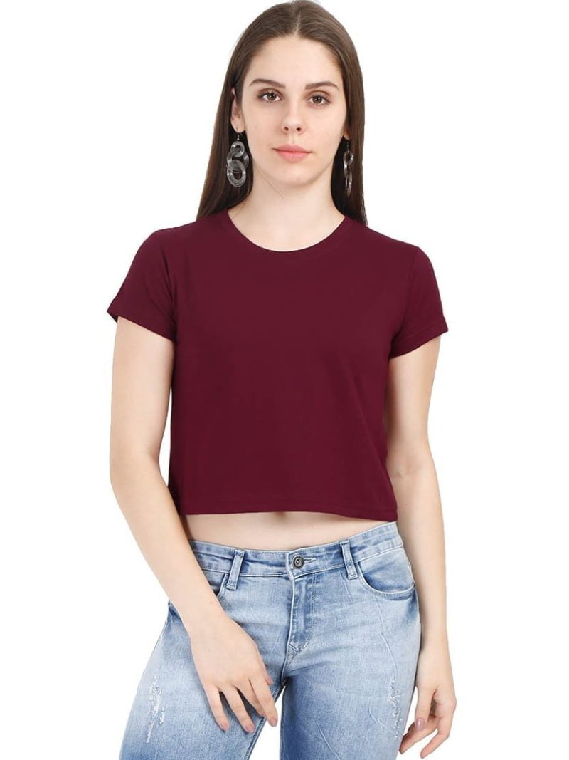 Women's Maroon Half Sleeve Plain Crop top