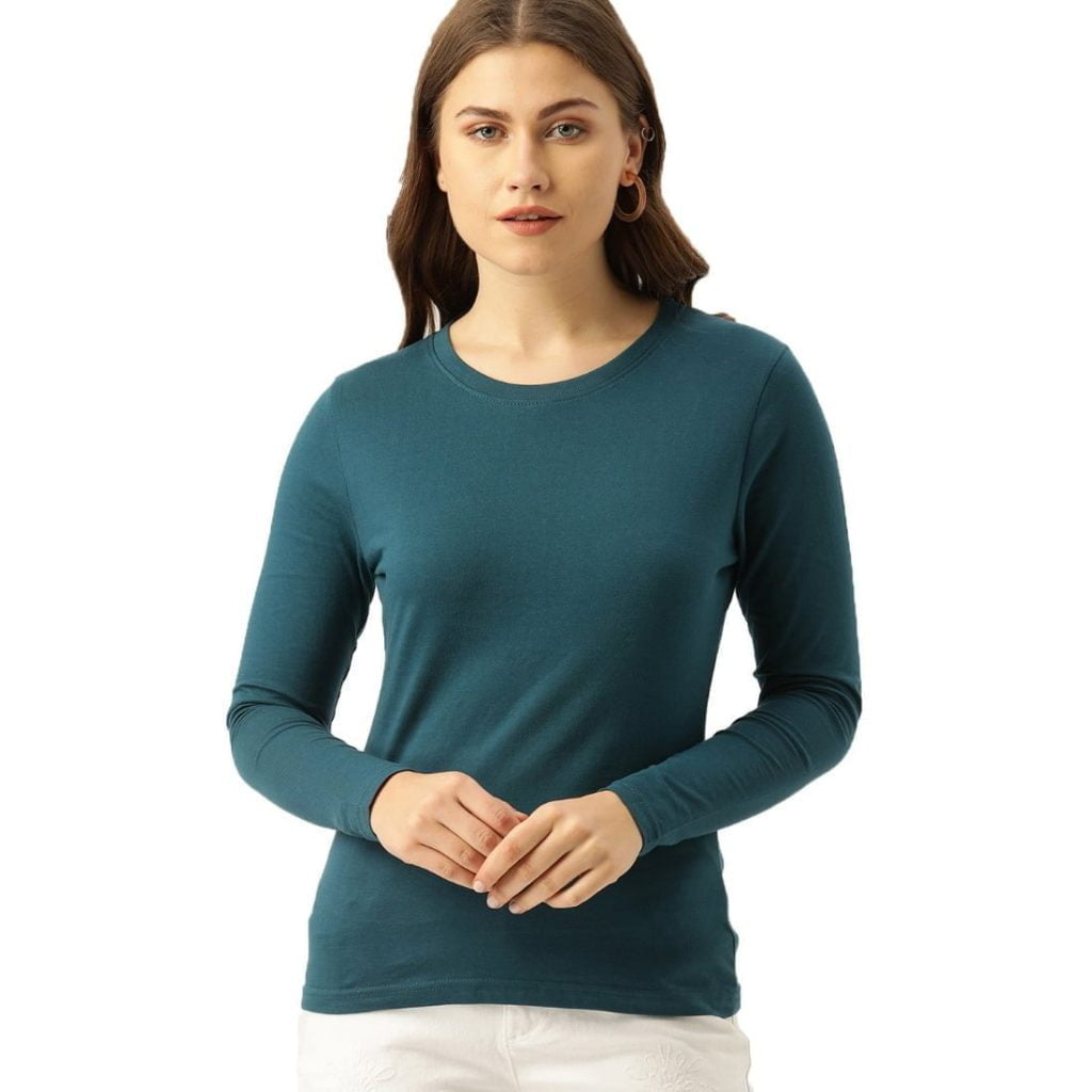 Women's Petrol Full Sleeve Round Neck Plain T-Shirt