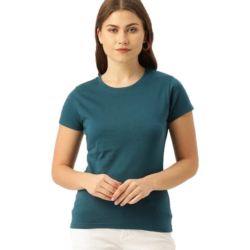Women's Petrol Half Sleeve Round Neck Plain T-Shirt