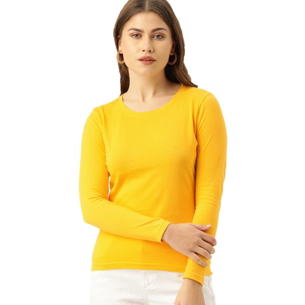 Women's Yellow Full Sleeve Round Neck Plain T-Shirt