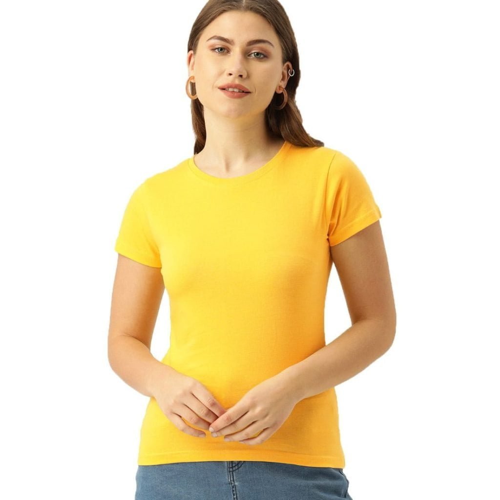 Women's Yellow Half Sleeve Round Neck Plain T-Shirt