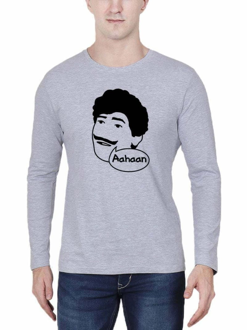 Aahaan Dialogue Men Full Sleeve Grey Melange Vadivelu T Shirt