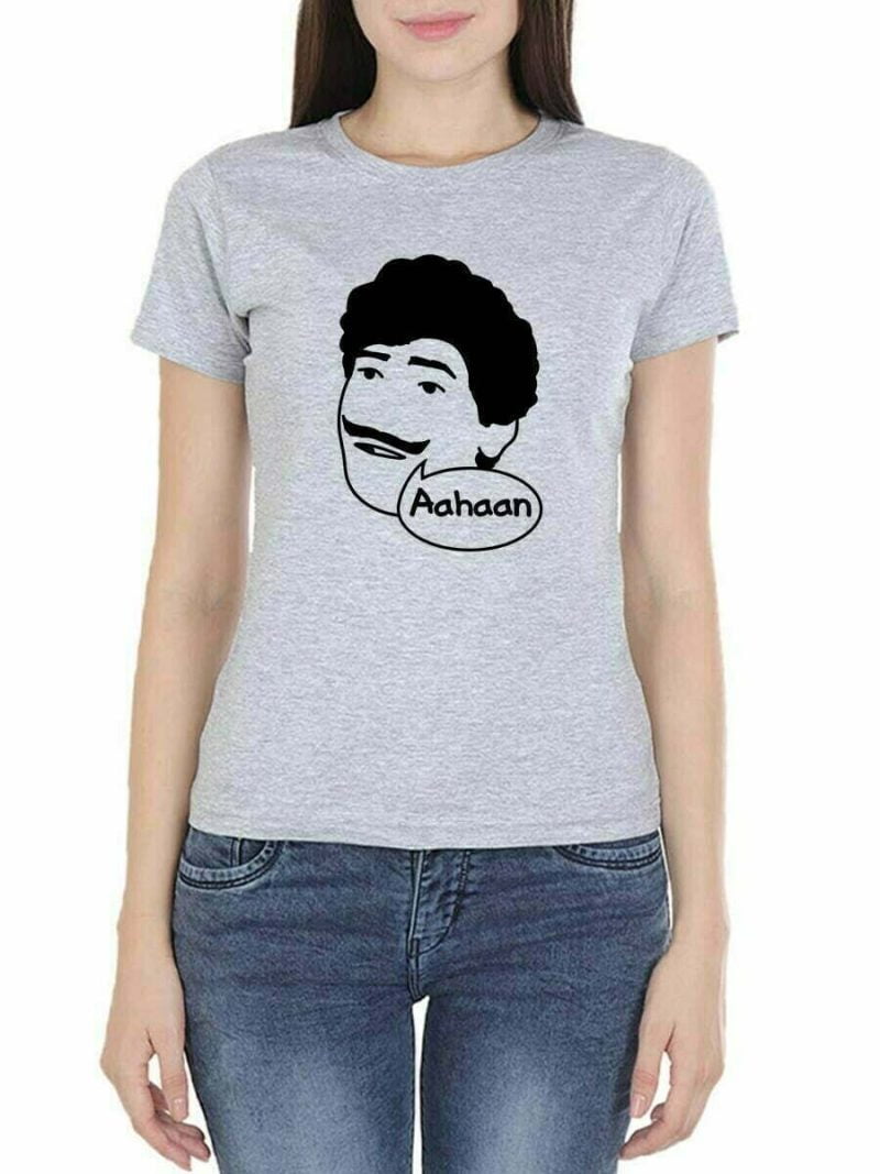 Aahaan Dialogue Women Half Sleeve Grey Melange Vadivelu T Shirt