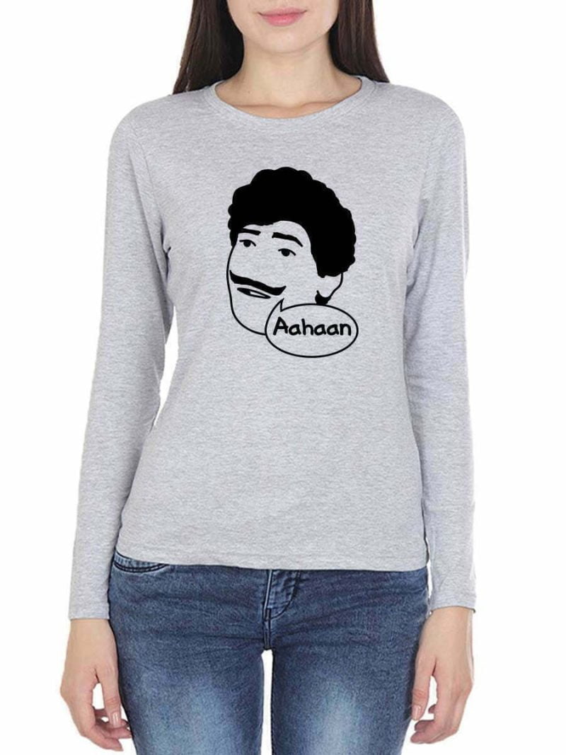 Aahaan Dialogue Women Full Sleeve Grey Melange Vadivelu T Shirt
