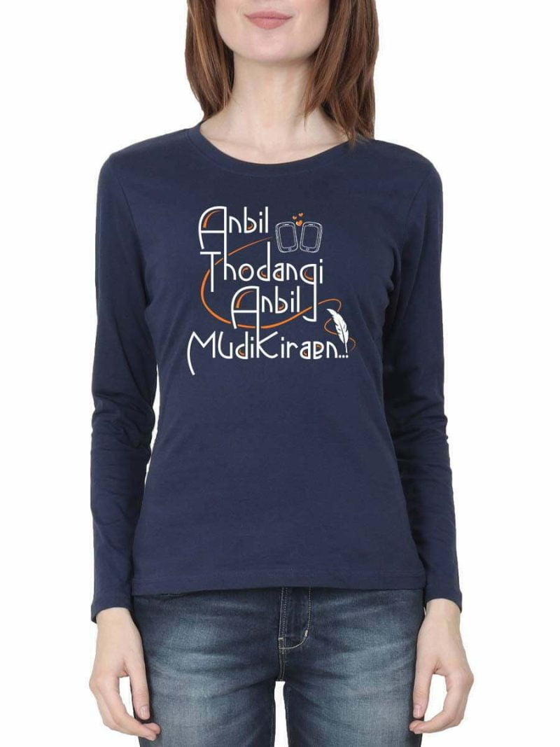 Anbil Thodangi Anbil Mudikiren Women Full Sleeve Navy Blue Tamil Songs T-Shirt