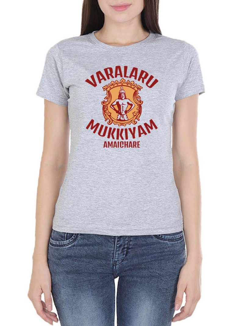 Varalaru Mukkiyam Amaichare Women Half Sleeve Grey Melange Tamil Dialogue T-Shirt