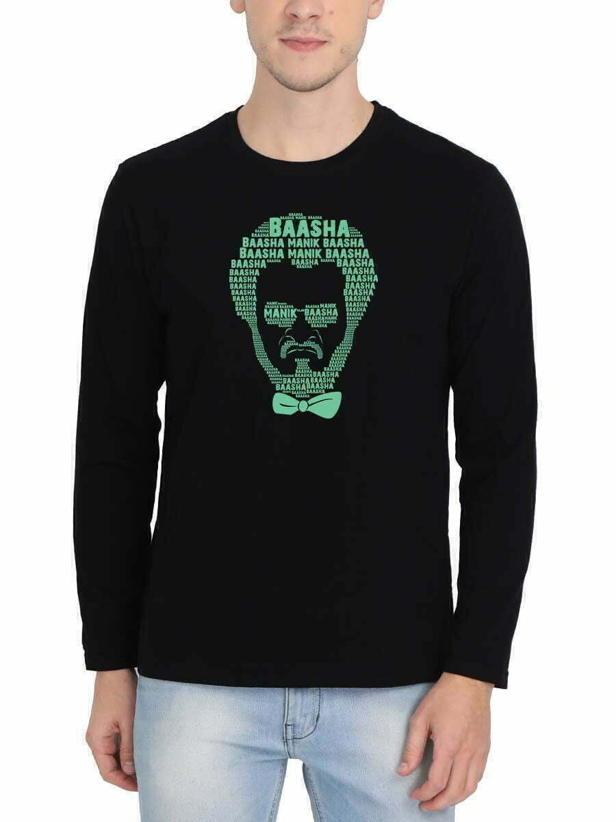 Baasha 1995 Superstar Rajinikanth Typography Face Black T-Shirt