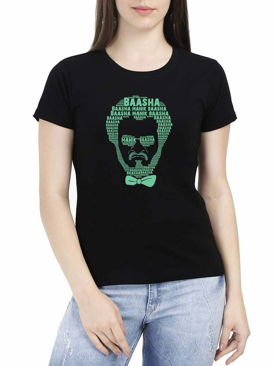 Baasha 1995 Superstar Rajinikanth Typography Face Black T-Shirt