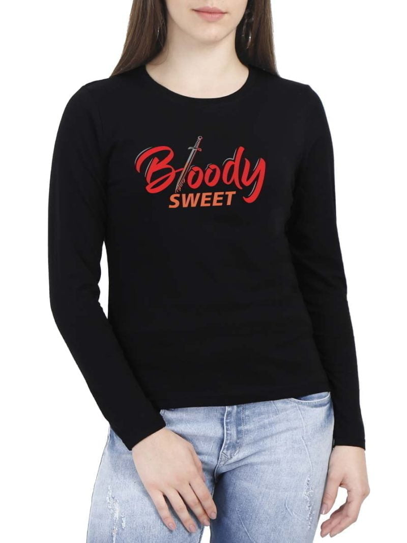 Bloody Sweet Typo Sword Women Full Sleeve Black Thalapathy Vijay T-Shirt