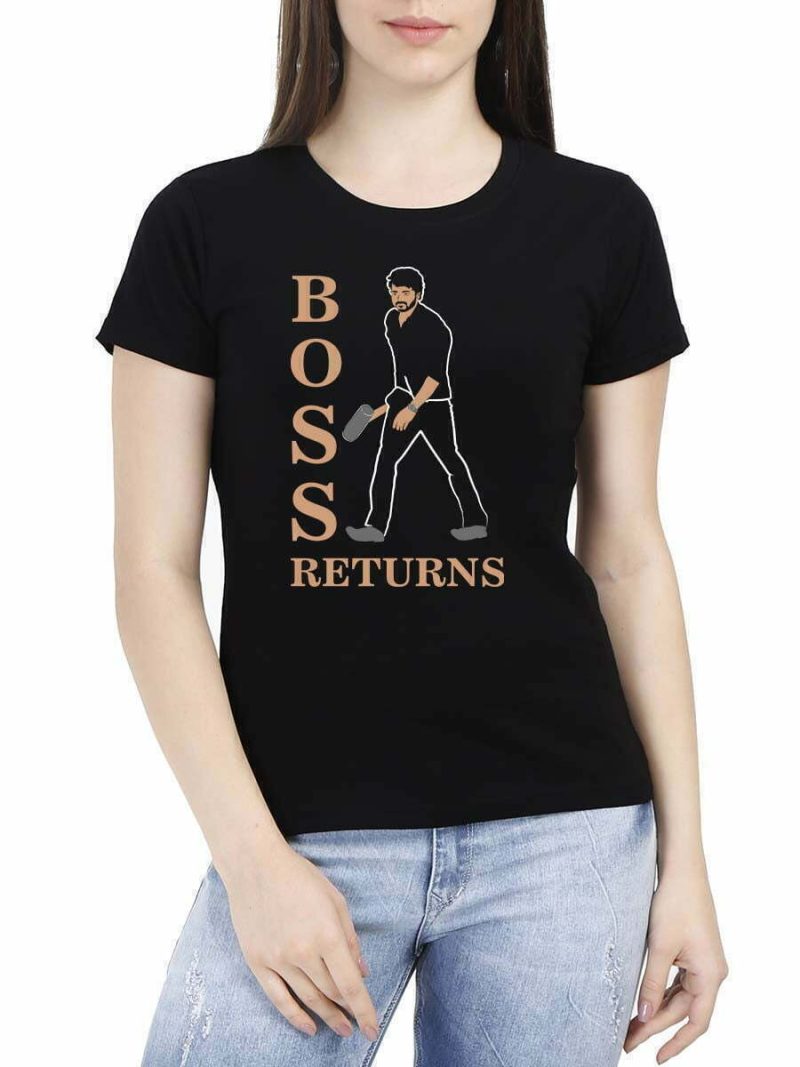 Varisu Vijay The Boss Returns Walk Women Half Sleeve Black Thalapathy Vijay T-Shirt