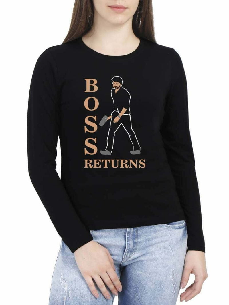 Varisu Vijay The Boss Returns Walk Women Full Sleeve Black Thalapathy Vijay T-Shirt