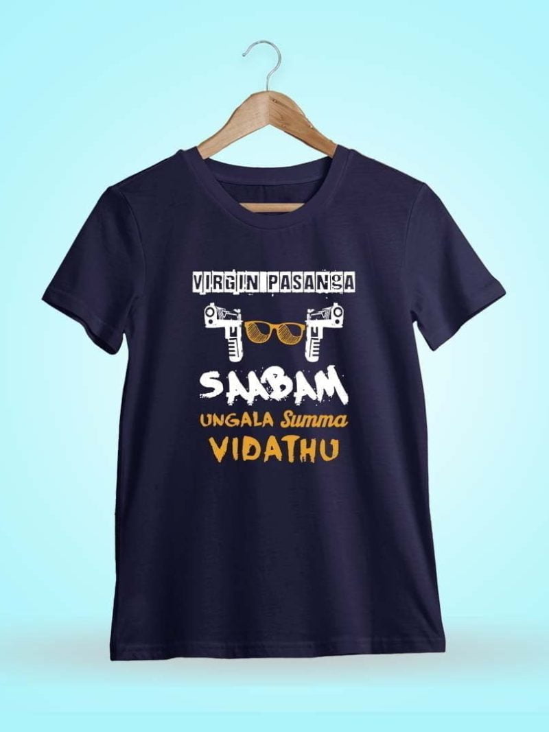 Virgin Pasanga Saabam Ungala Summa Vidathu Men's Navy Blue Half Sleeve Tamil Movie Round Neck T-Shirt