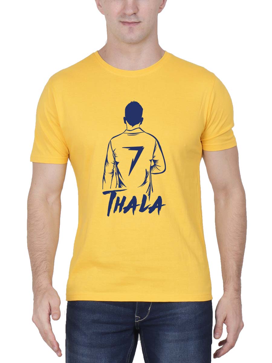 Thala Dhoni MSD Back Pose Men's Yellow Half Sleeve Tamil Round Neck Dhoni T-Shirt