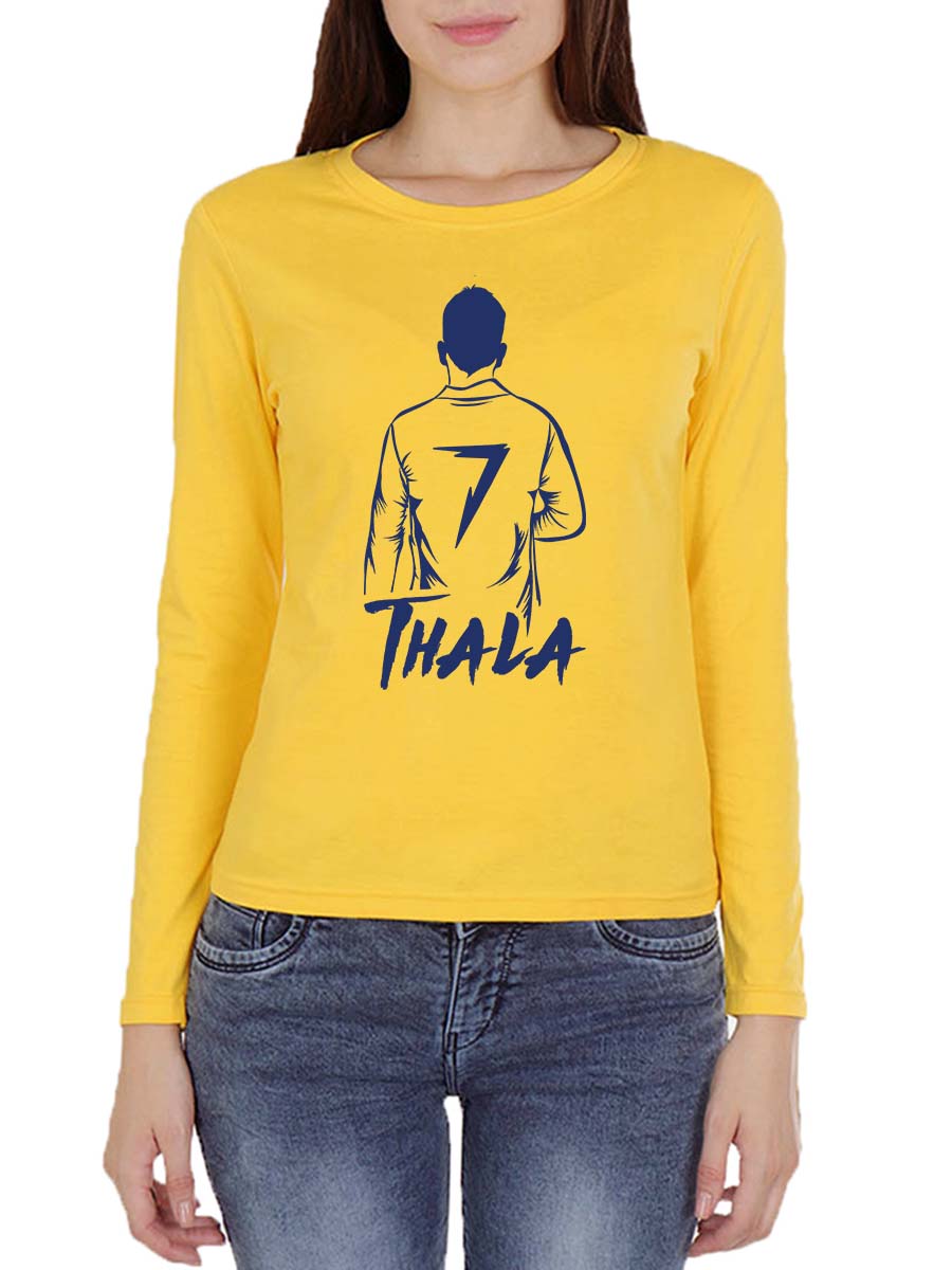 Thala Dhoni MSD Back Pose Women's Yellow Full Sleeve Tamil Round Neck T-Shirt