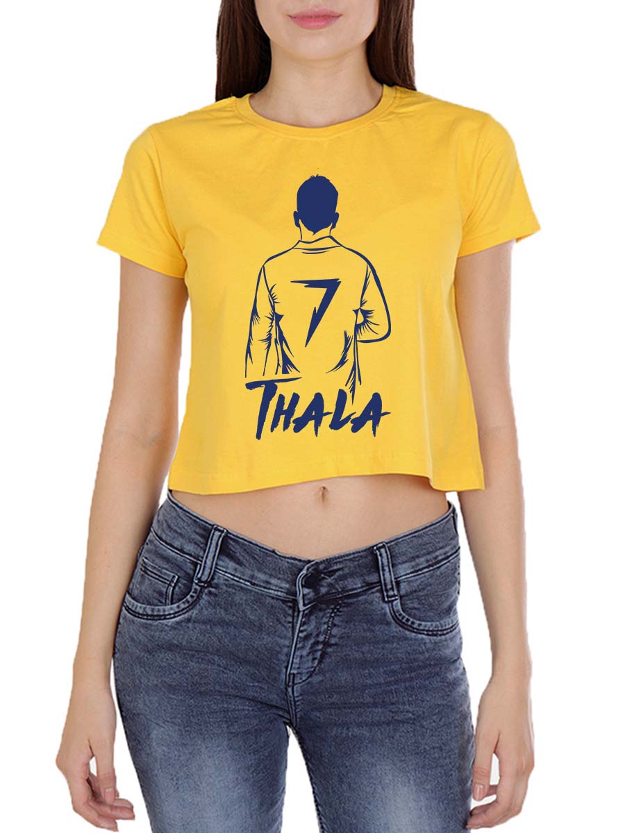 Thala Dhoni MSD Back Pose Women's Yellow Half Sleeve Tamil Crop Top