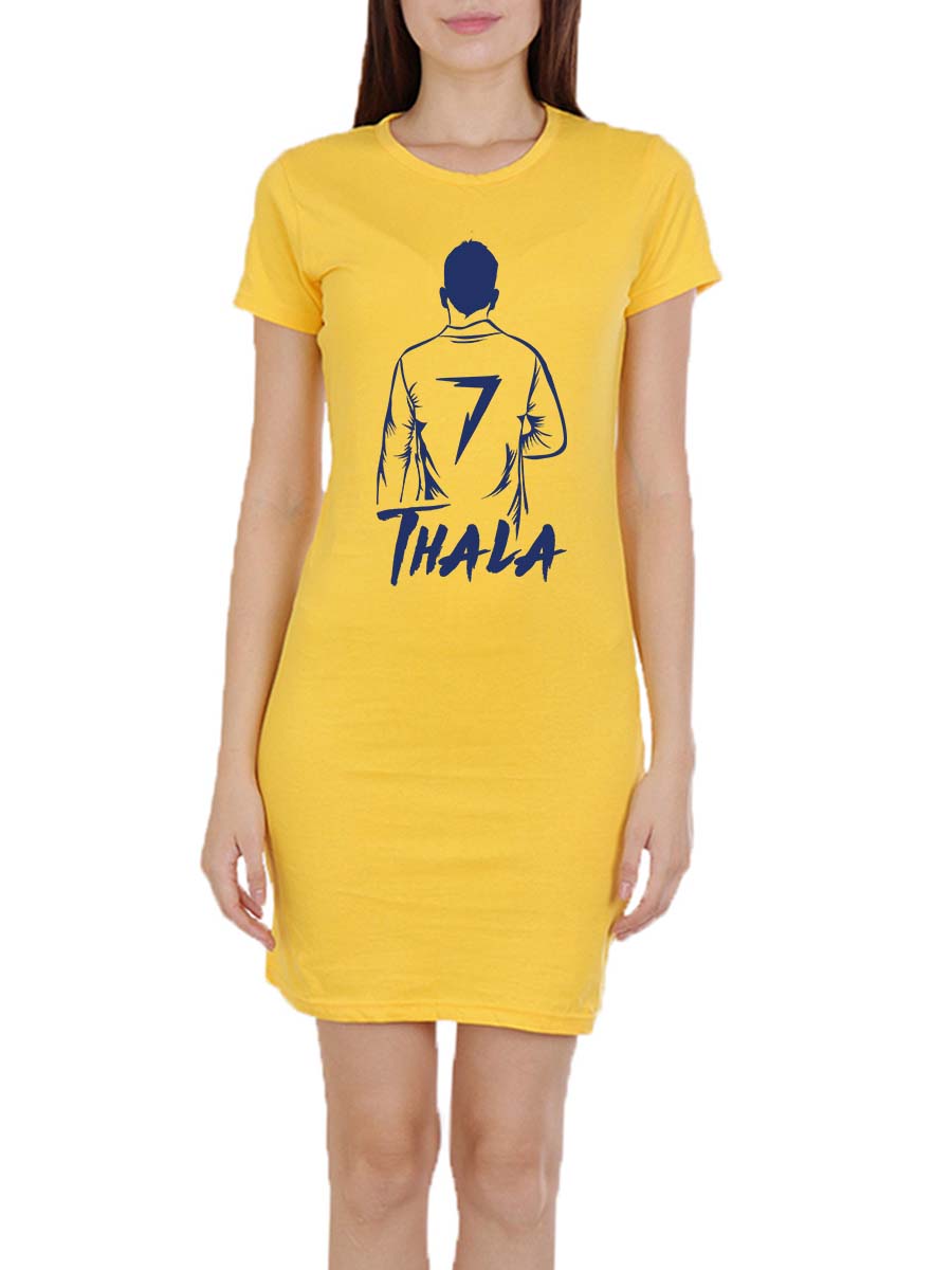 Thala Dhoni MSD Back Pose Women's Yellow Half Sleeve Tamil T-Shirt Dress