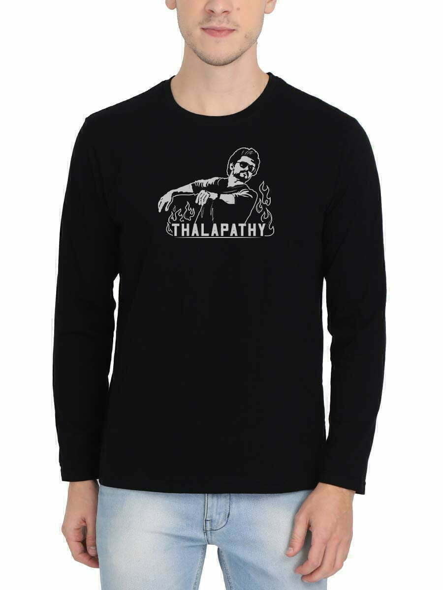 Thee Thalapathy Sitting Pose Men Full Sleeve Black Thalapathy Vijay T-Shirt