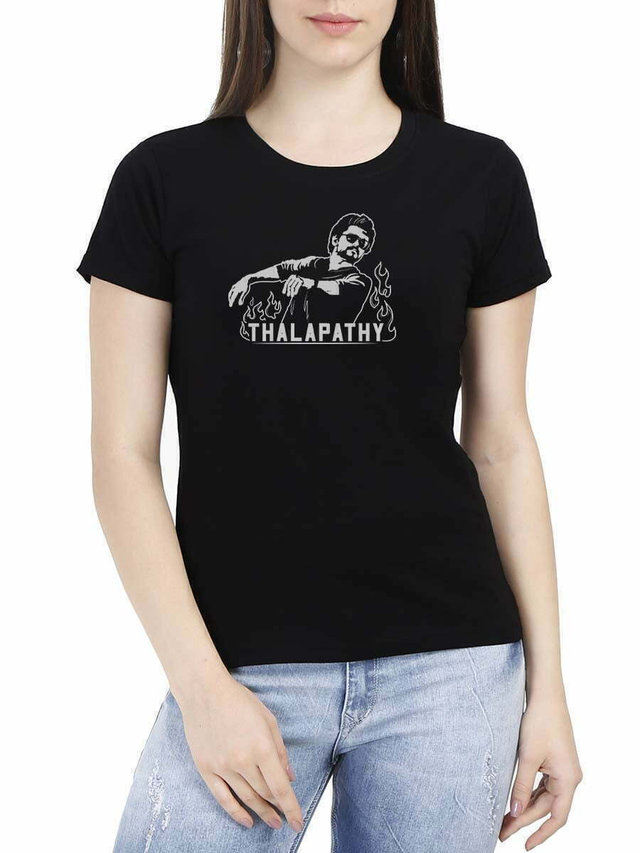 Thee Thalapathy Sitting Pose Women Half Sleeve Black Thalapathy Vijay T-Shirt