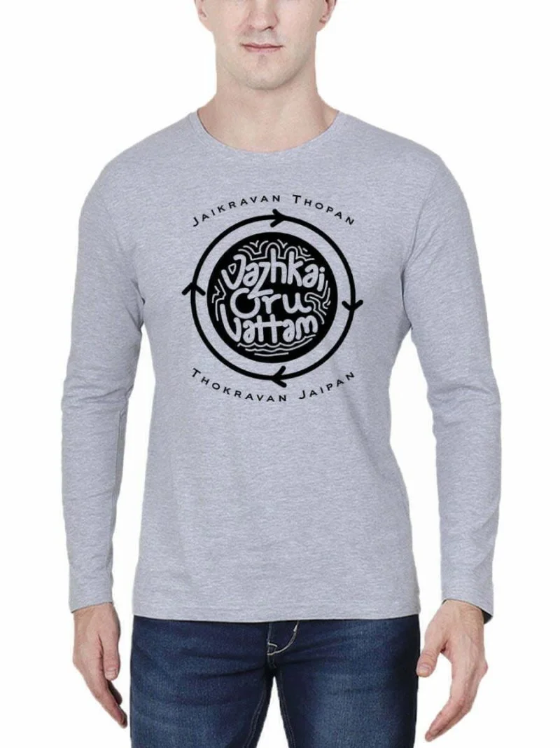 Vazhkai Oru Vattam Men's Grey Melange Full Sleeve Tamil Movie Round Neck T-Shirt