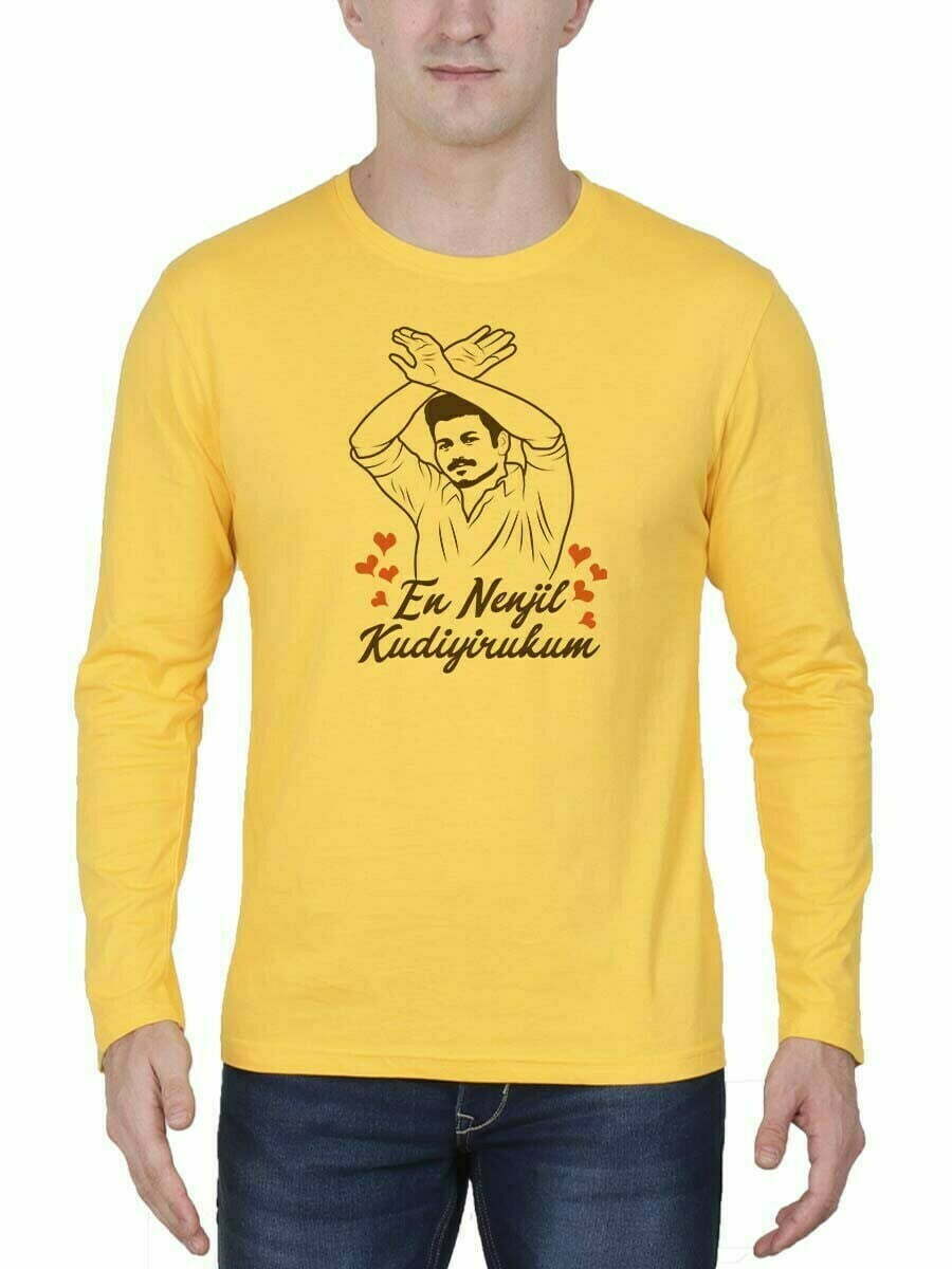 En Nenjil Kudiyirukum Men Full Sleeve Yellow Thalapathy Vijay T-Shirt