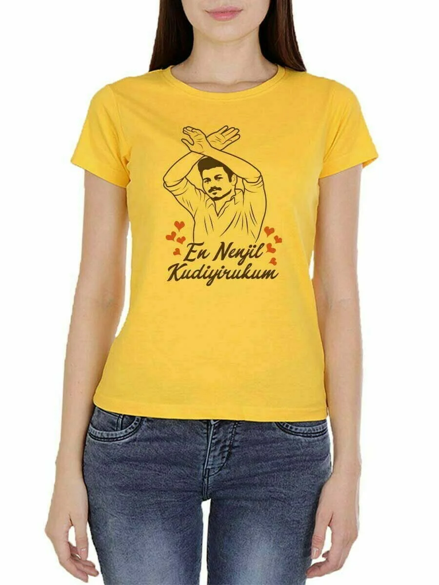 En Nenjil Kudiyirukum Women Half Sleeve Yellow Thalapathy Vijay T-Shirt