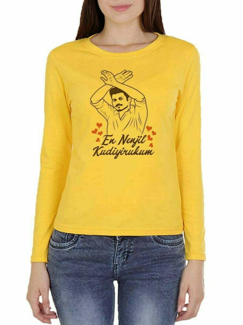 En Nenjil Kudiyirukum Women Full Sleeve Yellow Thalapathy Vijay T-Shirt