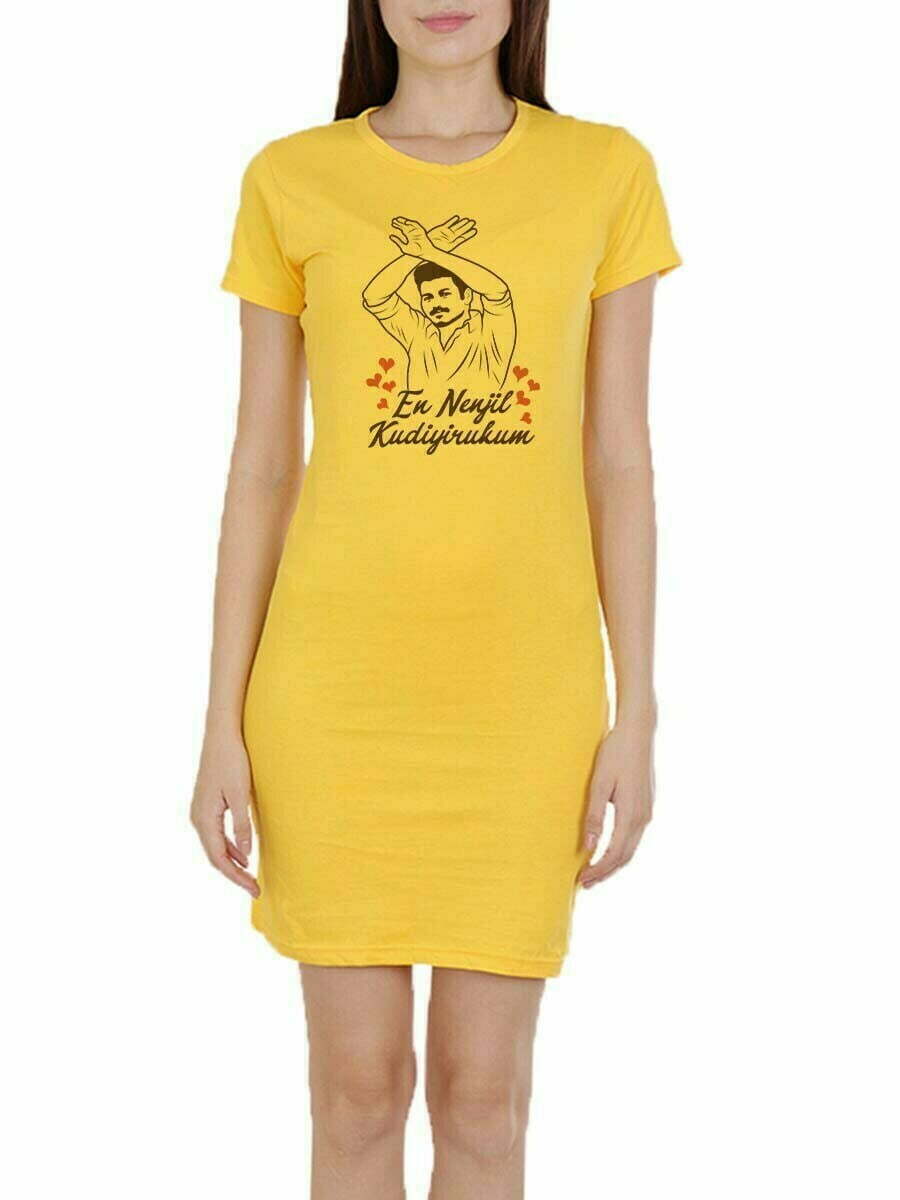 En Nenjil Kudiyirukum Women Yellow Thalapathy Vijay T-Shirt Dress