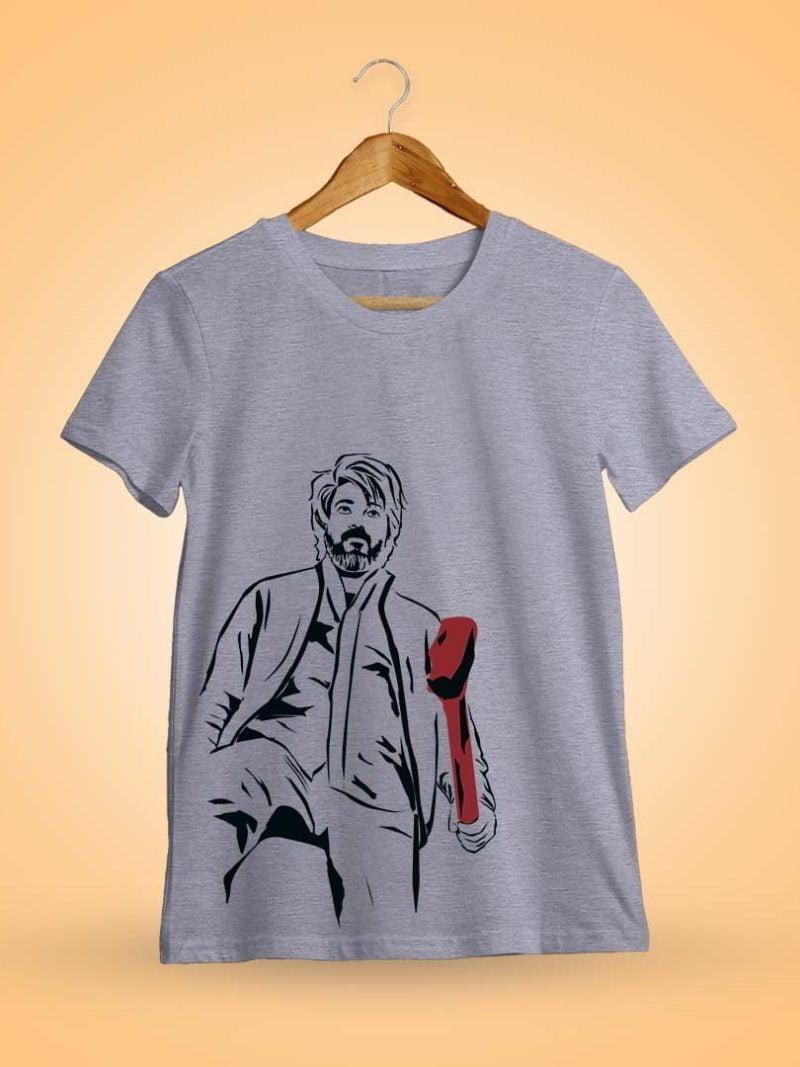 Vijay Still With Hammer Men Half Sleeve Grey Melange Thalapathy Vijay Tamil Movie T-Shirt