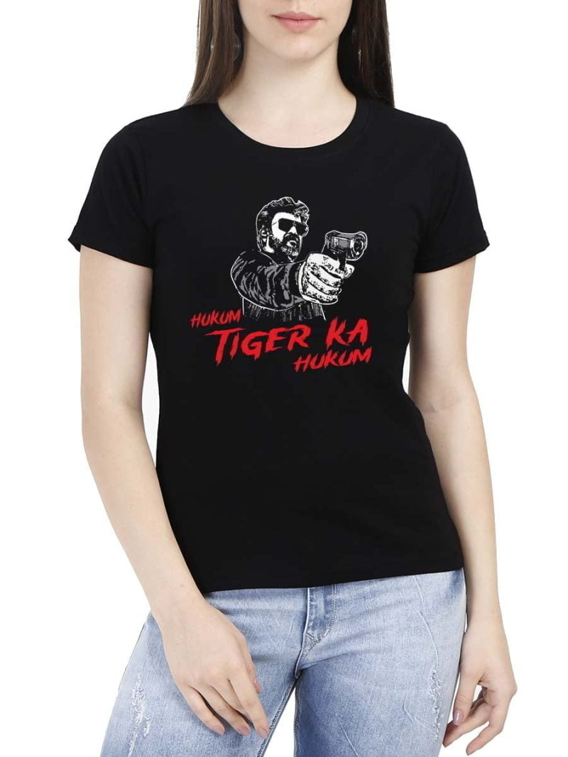 Hukum Tiger Ka Hukum Thalaivar Women Half Sleeve Black Rajini T-Shirt