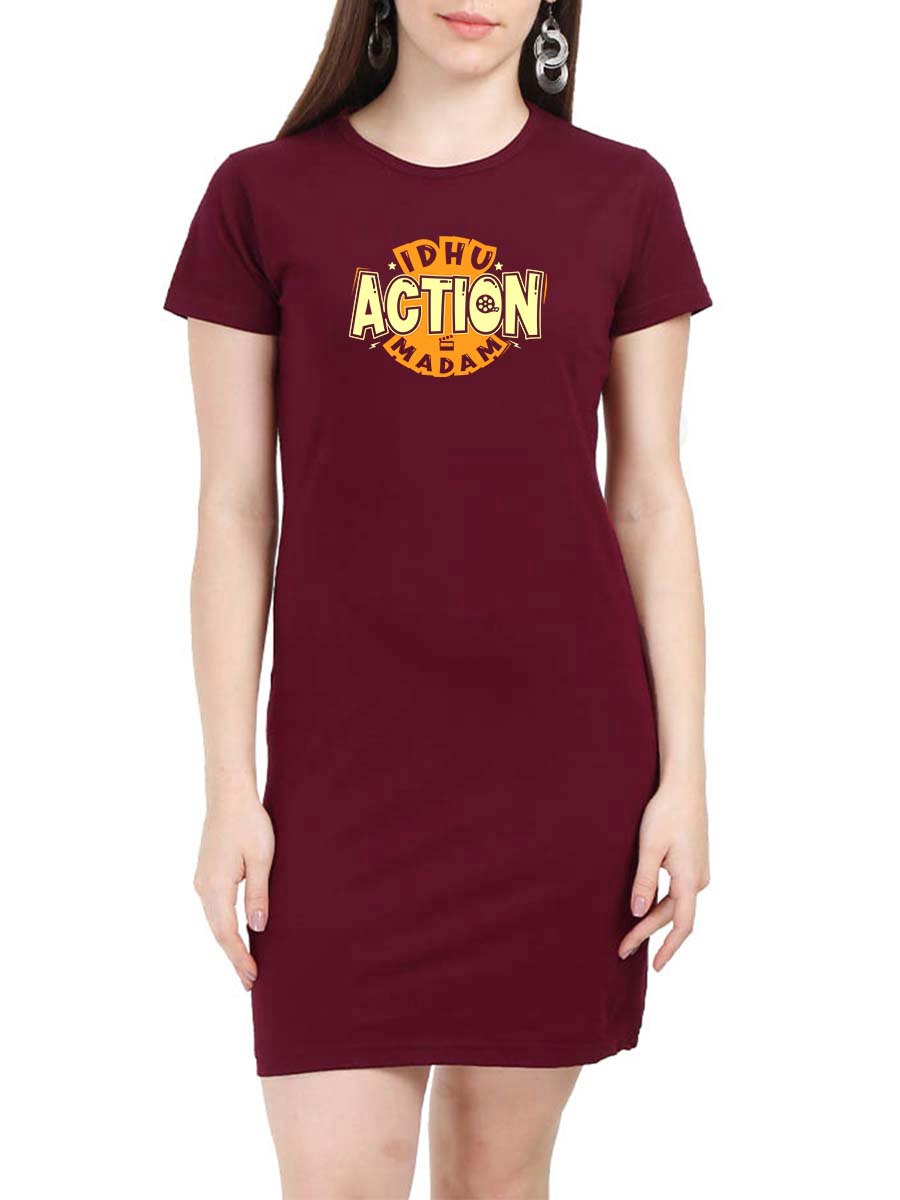 Idhu Action Madam Meme Women Maroon Crazy Tamil T-Shirt Dress