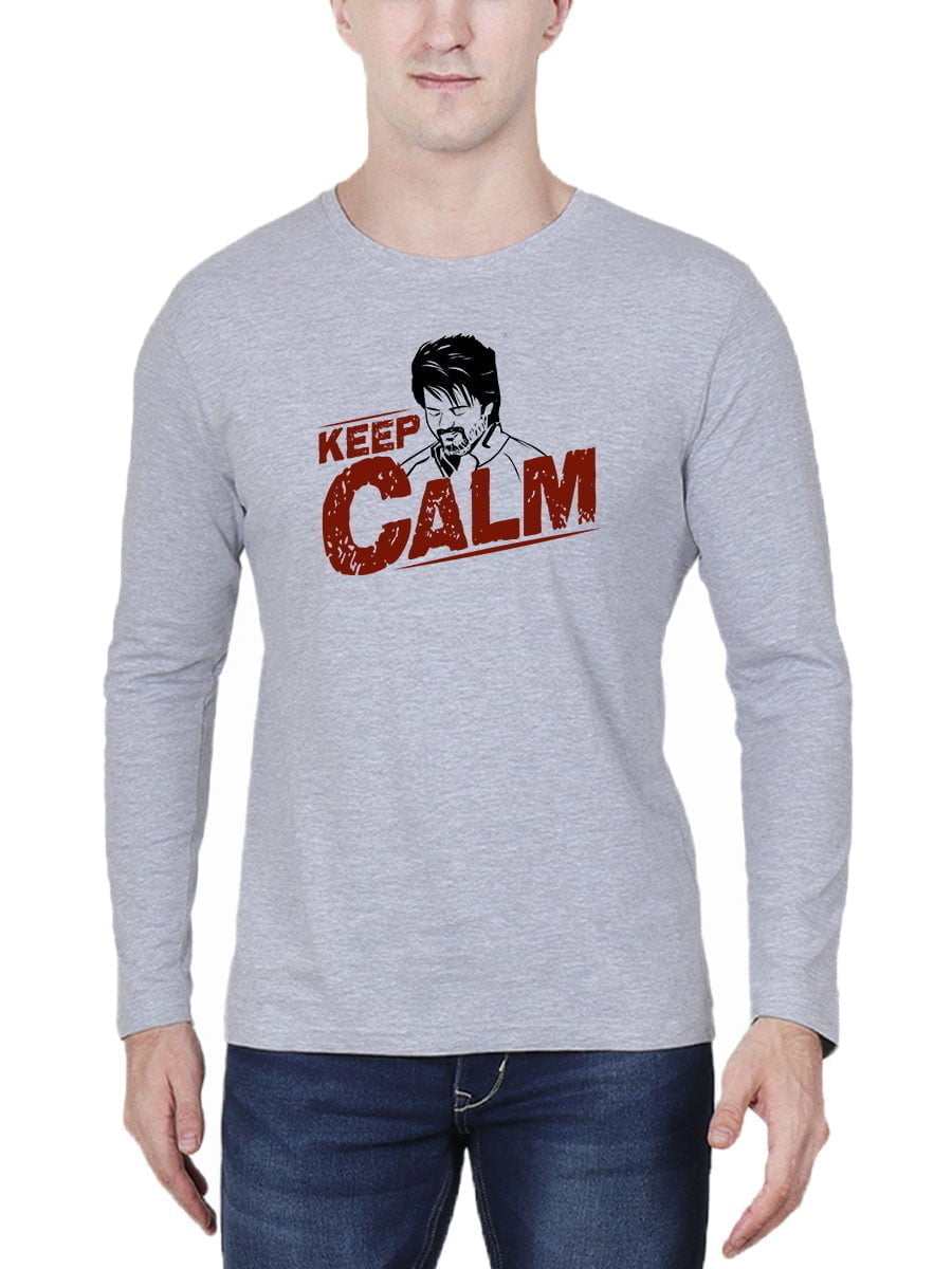 Keep Calm Face Men Full Sleeve Grey Melange Thalapathy Vijay T-Shirt