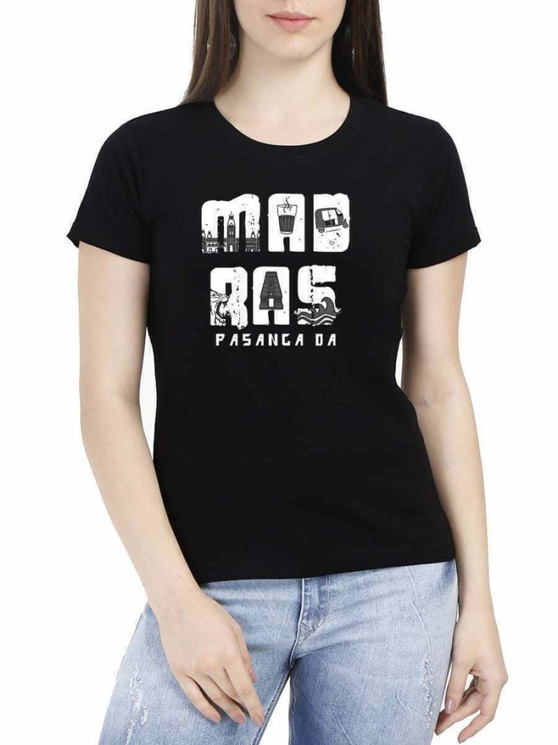 Madras Pasanga Da Women's Black Half Sleeve Tamil Round Neck T-Shirt