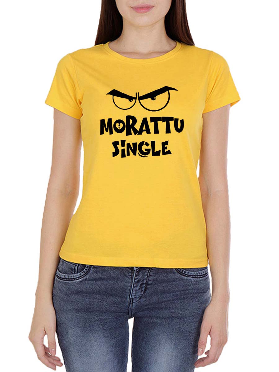 Morattu Single Women's Yellow Half Sleeve Tamil Filmy T-Shirt
