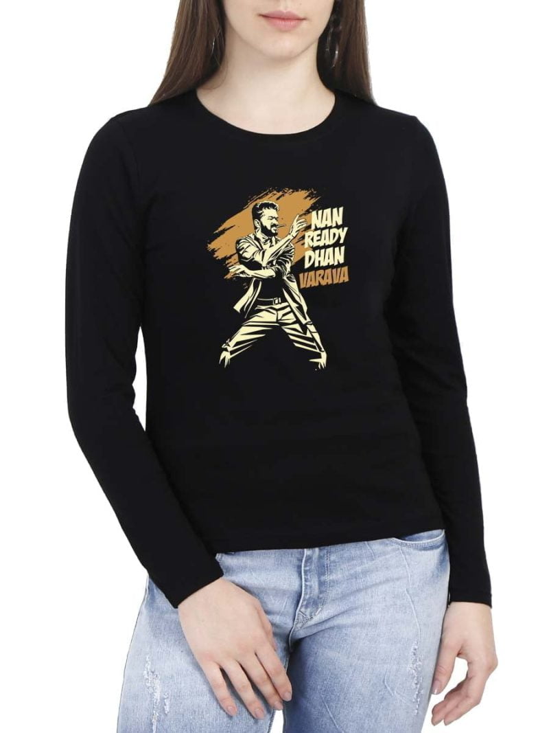 Naa Ready Dhan Varava Dance Women Full Sleeve Black Thalapathy Vijay T-Shirt