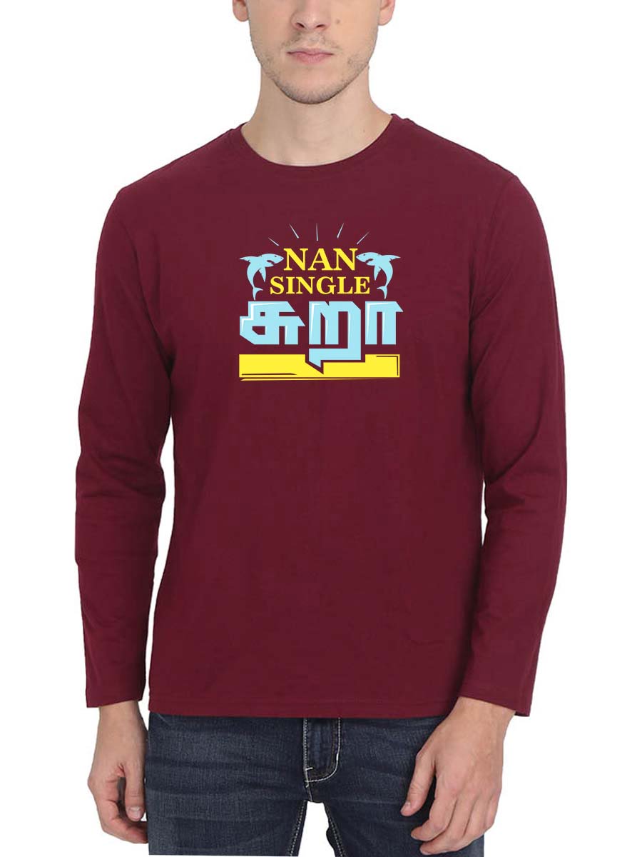 Na Single Sura Shark Men Full Sleeve Maroon Crazy Tamil T-Shirt