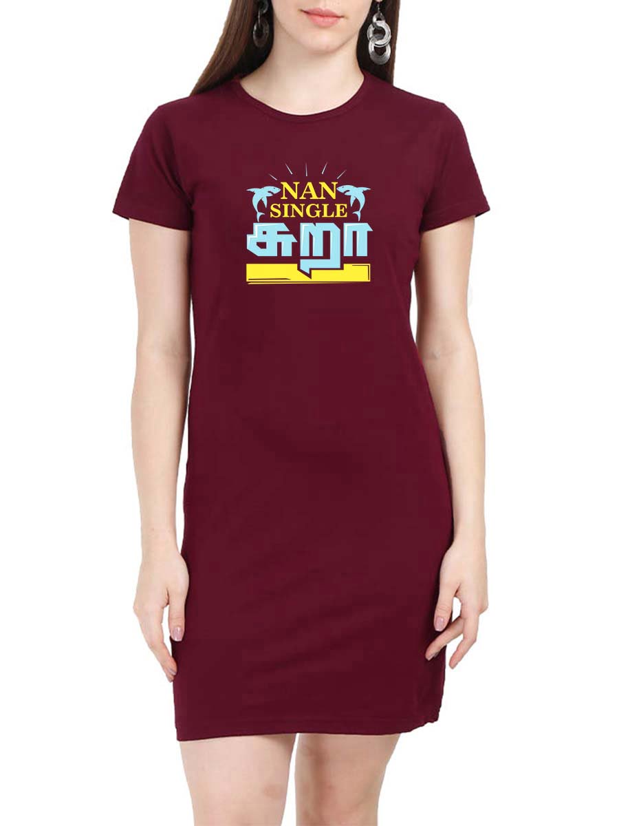 Na Single Sura Shark Women Maroon Crazy Tamil T-Shirt Dress