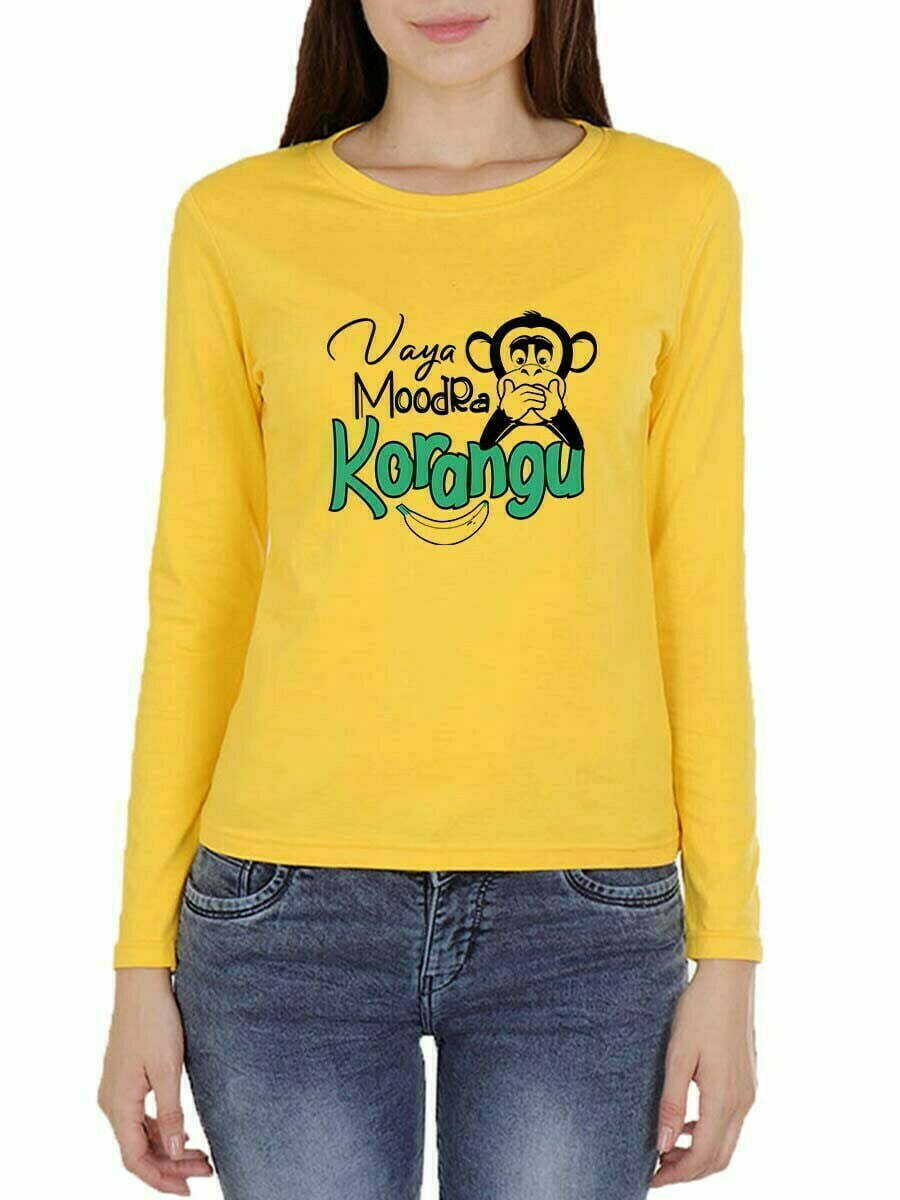 Vaaya Moodra Korangu Women Full Sleeve Yellow Vadivelu T Shirt
