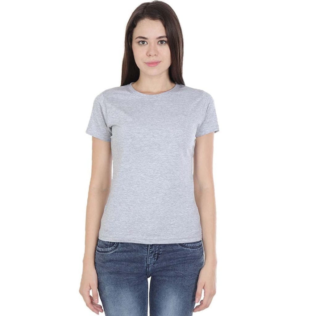 Women's Grey Melange Half Sleeve Round Neck Plain T-Shirt