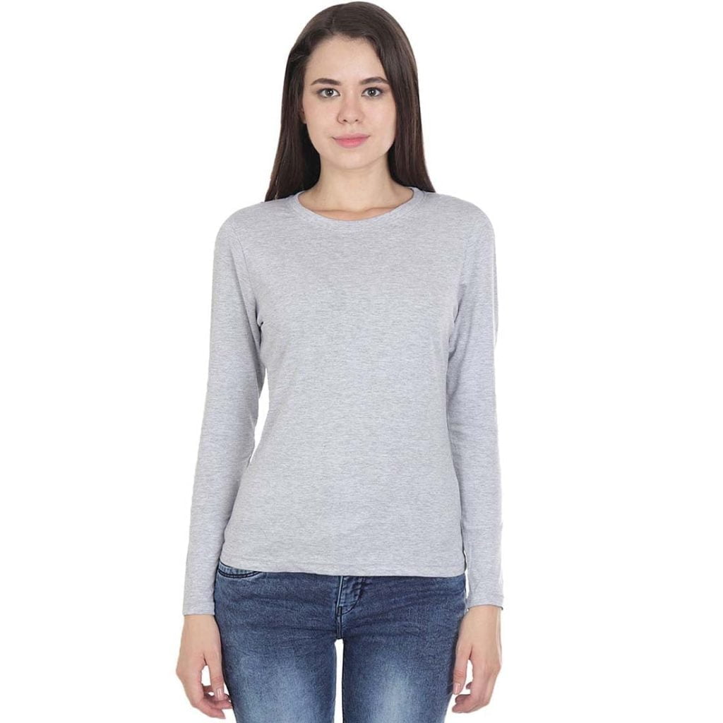Women's Grey Melange Full Sleeve Round Neck Plain T-Shirt