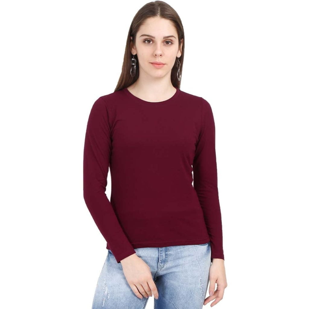 Women's Maroon Full Sleeve Round Neck Plain T-Shirt