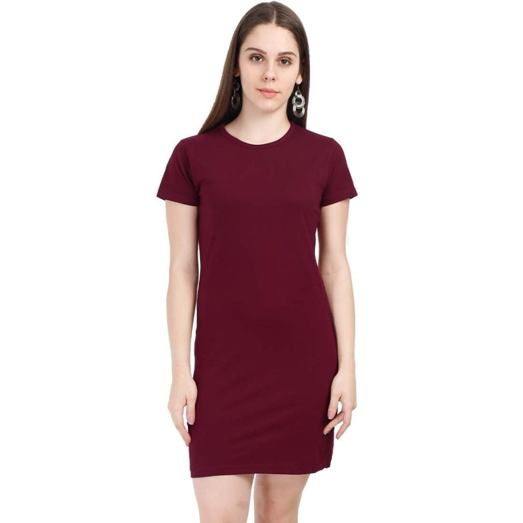 Women's Maroon Half Sleeve Plain T-Shirt Dress