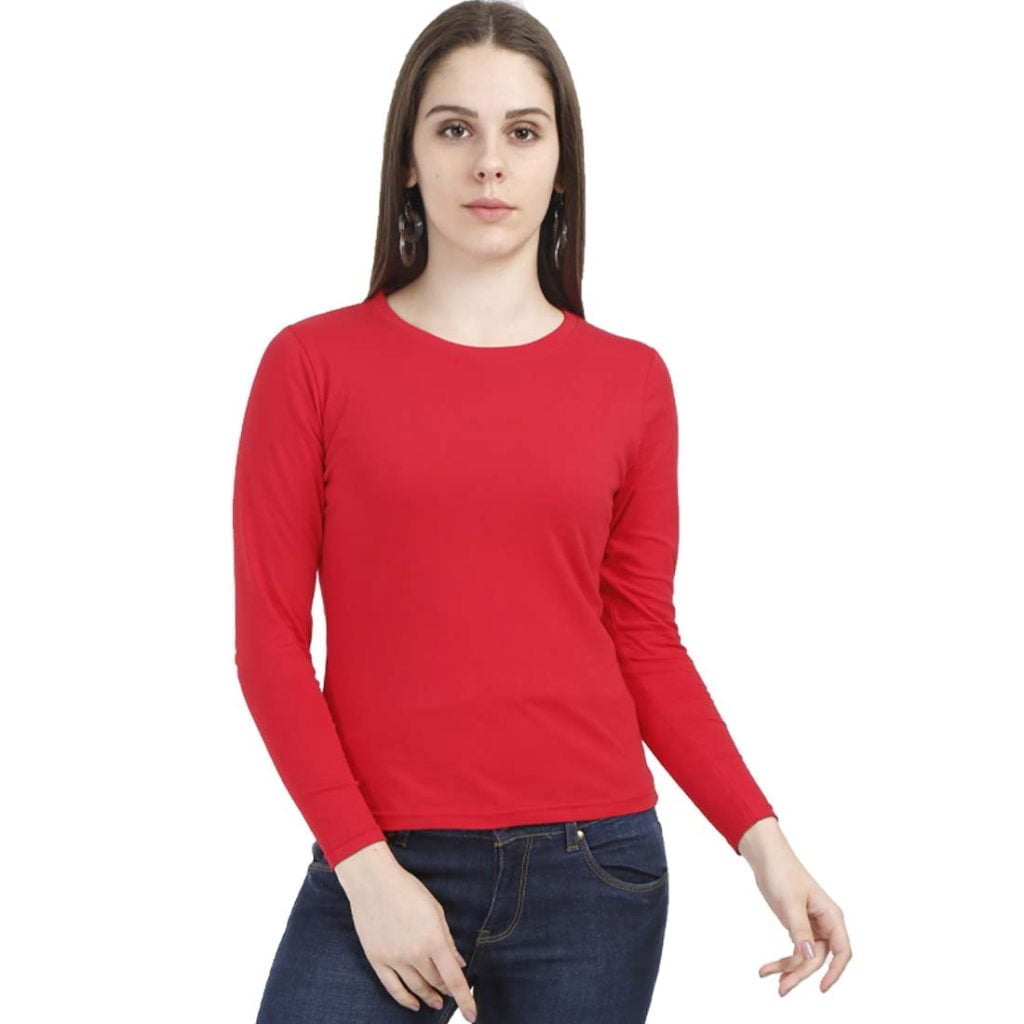 Women's Red Full Sleeve Round Neck Plain T-Shirt