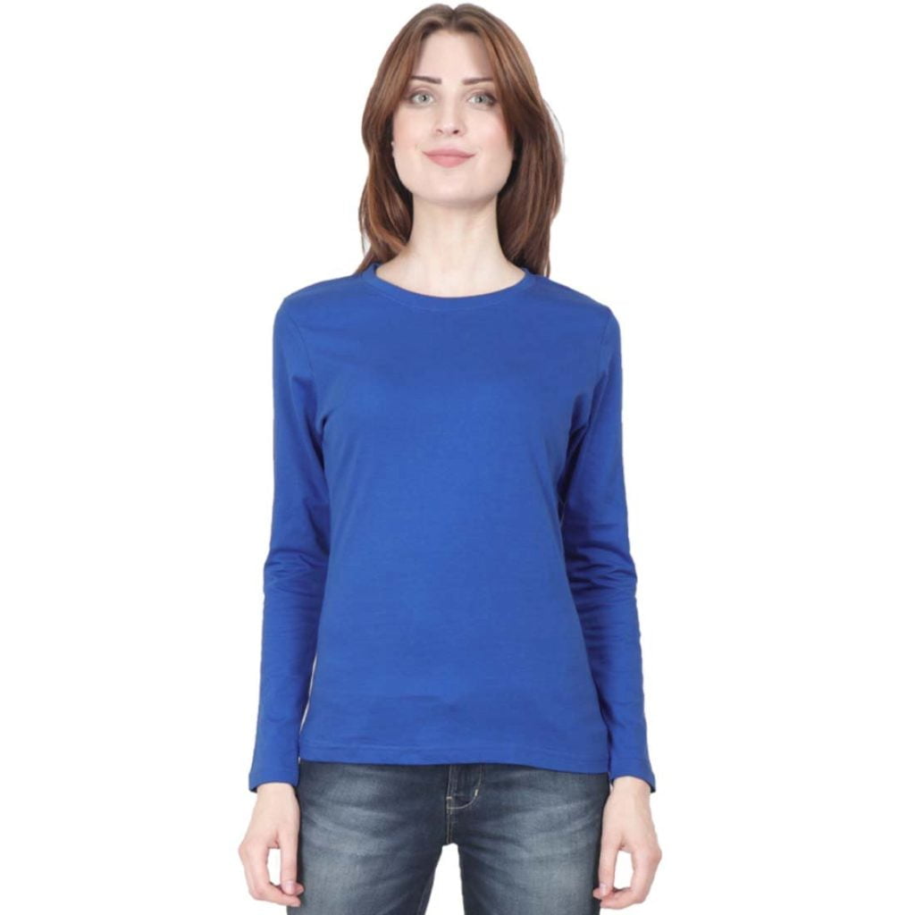 Women's Royal Blue Full Sleeve Round Neck Plain T-Shirt