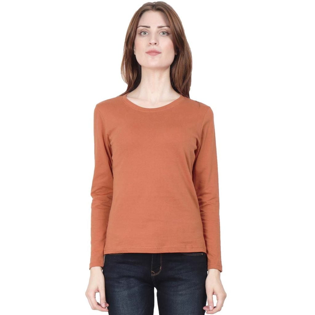 Women's Saffron Full Sleeve Round Neck Plain T-Shirt